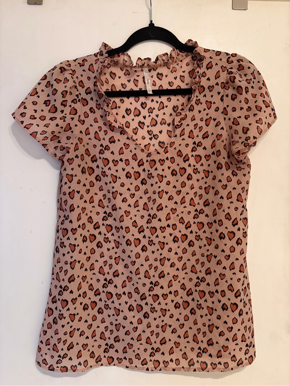 Trinity Pink Leopard Print Ruffle Neck Short Sleeve Blouse